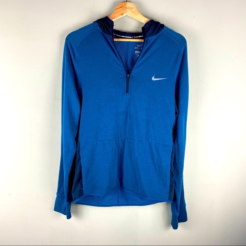 Nike: Dri-Fit Men's Running Athletic 1/4 Zip Up Hooded Pullover Shirt Blue Small